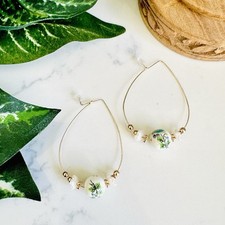 Gold Teardrop Hoop Botanical Leaf Bead Pearl Bead Earrings Boho Jewelry Gift NEW