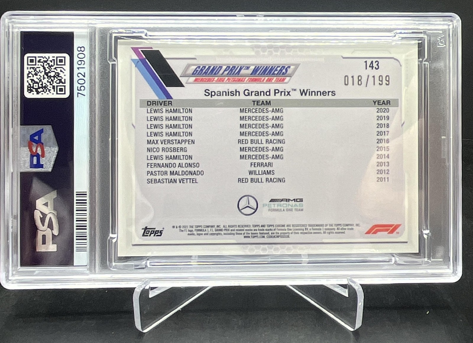 2021 Topps Chrome Sapphire F1 Lewis Hamilton Chartreuse 018/199 PSA 10 #143 view 2