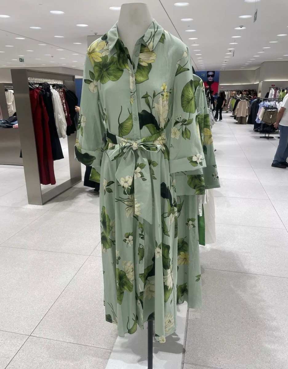 ZARA NEW WOMAN MIDI BELTED FLORAL SHIRT DRESS Size S GREEN 2183/074