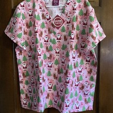 Black Santa And Reindeer Scrubs Top Two Pockets 2X