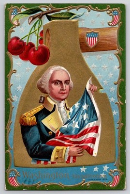 General Washington Birthday Patriotism Axe Cherries US Flag NASH Postcard c1910