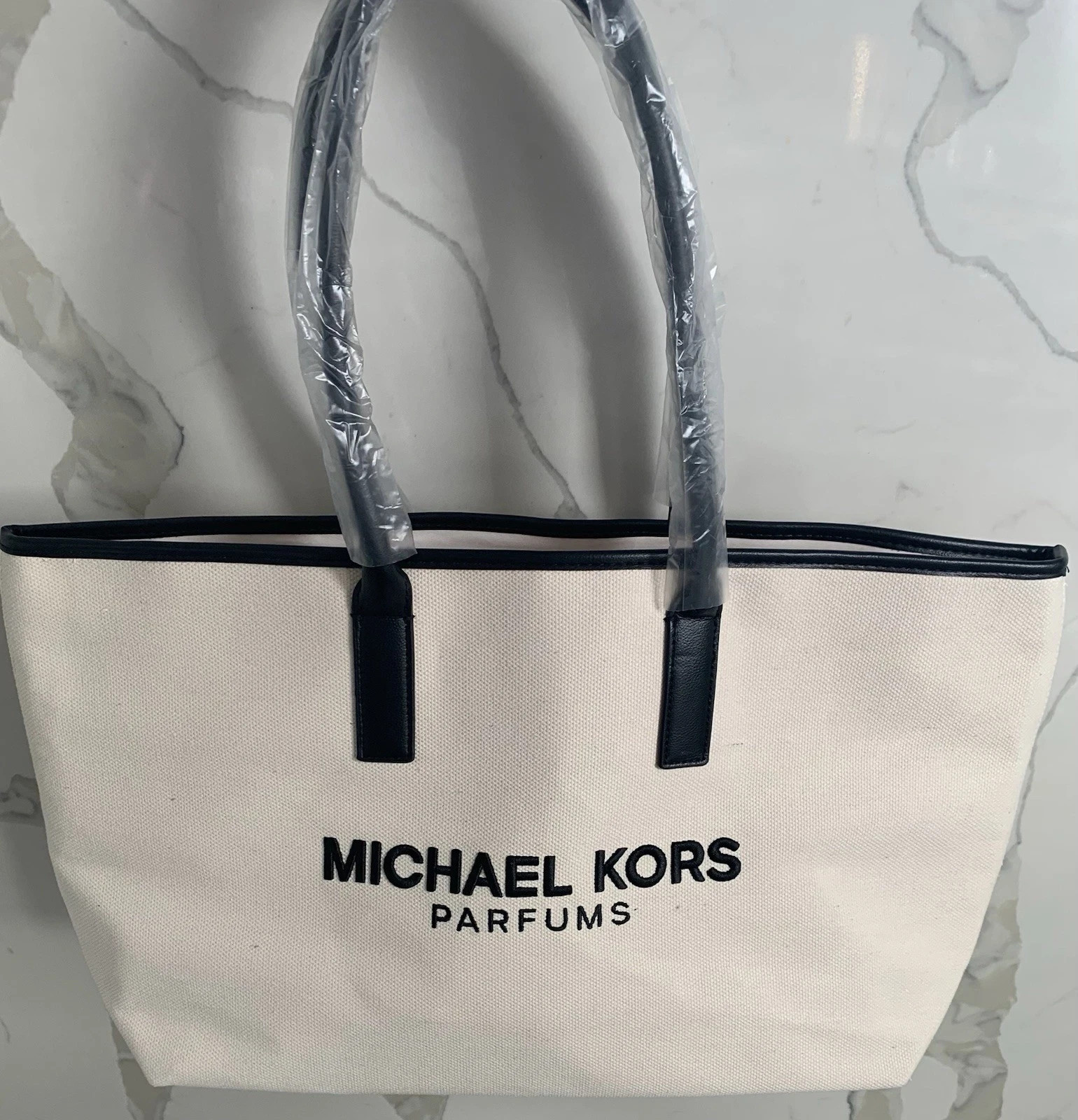 Michael Kors Parfums Canvas Tote Beige Cream Travel Overnight Shopper Bag New