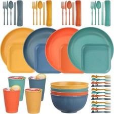 48Pcs Wheat Straw Dinnerware Sets, Unbreakable Plastic Plates and Bowls Sets,...