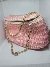 Vtg 60  s Gaymode Pink Raffia Straw Purse Kiss Lock Wood Bamboo Handle Japan