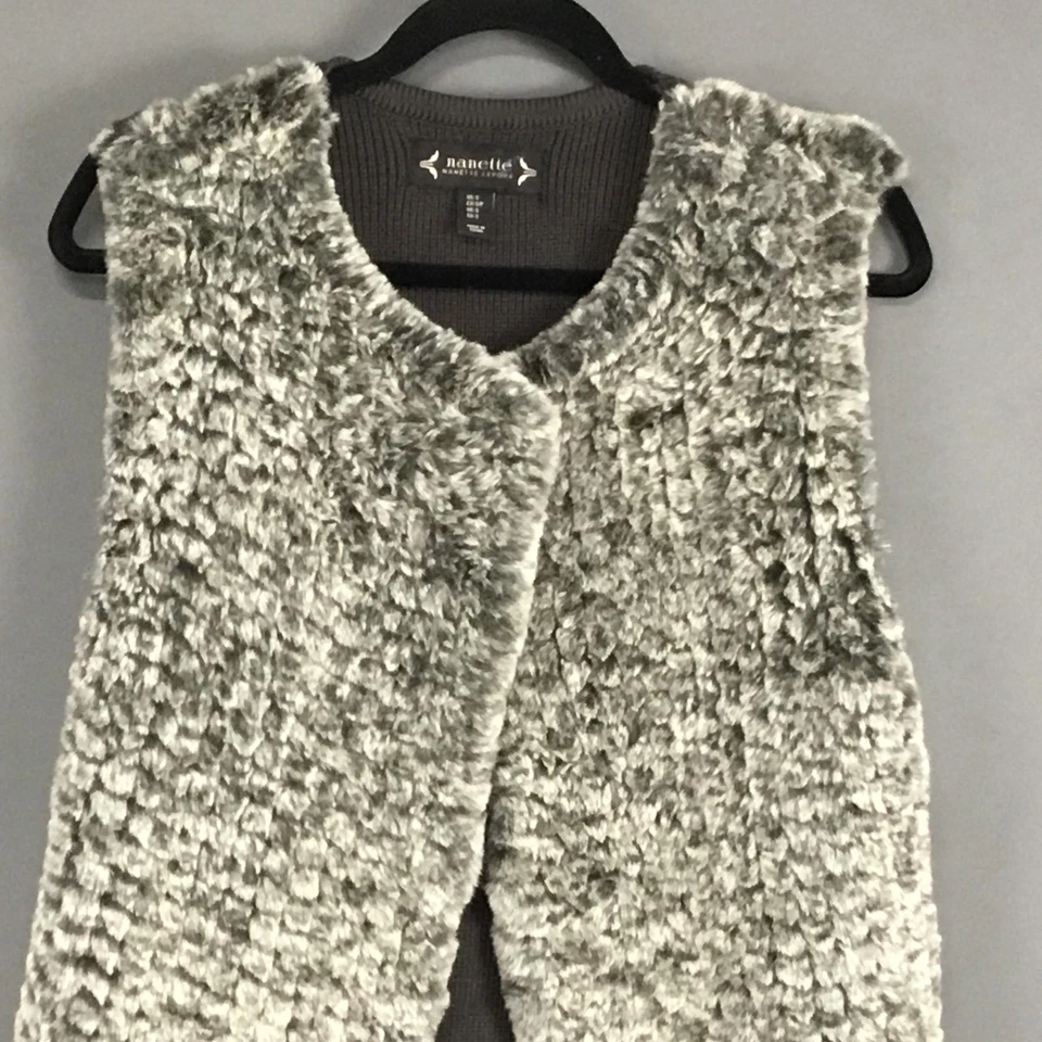 Nanette Lepore Vest Womens Small Gray Faux Fur Knit Back Open Front Ribbed Soft - Image 3 of 4