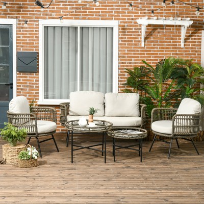 Outsunny Gartenmöbel-Set, 5 tlg. Rattan Sitzgarnitur mit Kissen für Garten, Alu