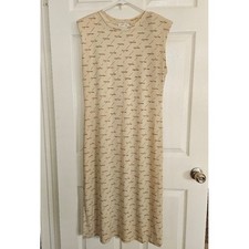 Calvin Klein Shift Dress 8 Beige Text Print AOP Shoulder Pad Sleeveless Office