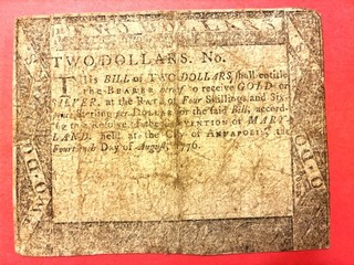 AUGUST 14 1776 $2 TWO DOLLAR ANNAPOLIS MARYLAND COLONIAL CURRENCY NOTE NR