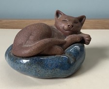 Studio Pottery Ceramic Cat Figurine sleeping  on cushion collectable gift