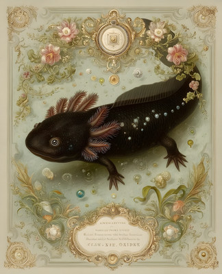 8x10 Dark Axolotl Floral Pond Art Print - 576413012