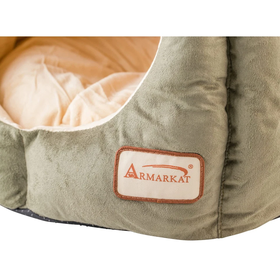 Cat Bed, Laurel Green & Beige, Soft Velvet, Waterproof, 20"x20"x14", Washable - Image 2 of 4