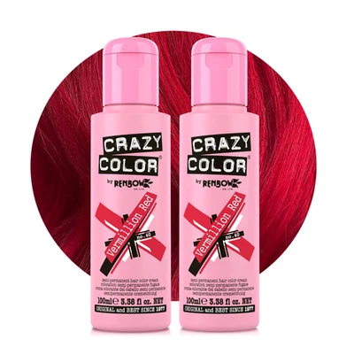 2x RENBOW Crazy Color Semi-Permanent Hair Colour Dye Vermillion Red No. 40 100ml