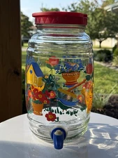 Vintage Sun Tea Glass Jar w/Flip Top Lid, Country Garden & Birdhouse Dispenser