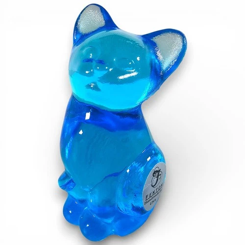 Fenton Art Glass Kitten Sitting Cat Figurine Blue with Sticker 3"