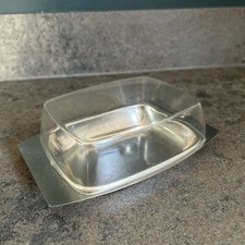 Vintage Butter Dish Stainless Steel Clear Plastic Lid Retro MCM mid century 70's