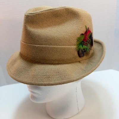 Mens Tan Felt Fedora Hat Feathers Size 7 1/8 United Hatters Cap Millinery VTG