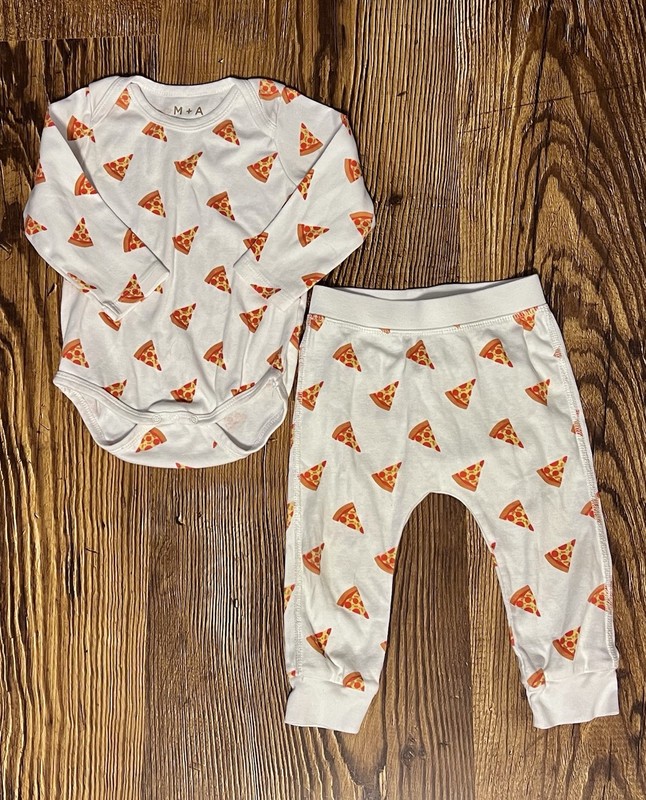 MONICA ANDY Baby M + A 12/18 Pizza Set Pants 1 Piece Snap Top Long Sleeve White