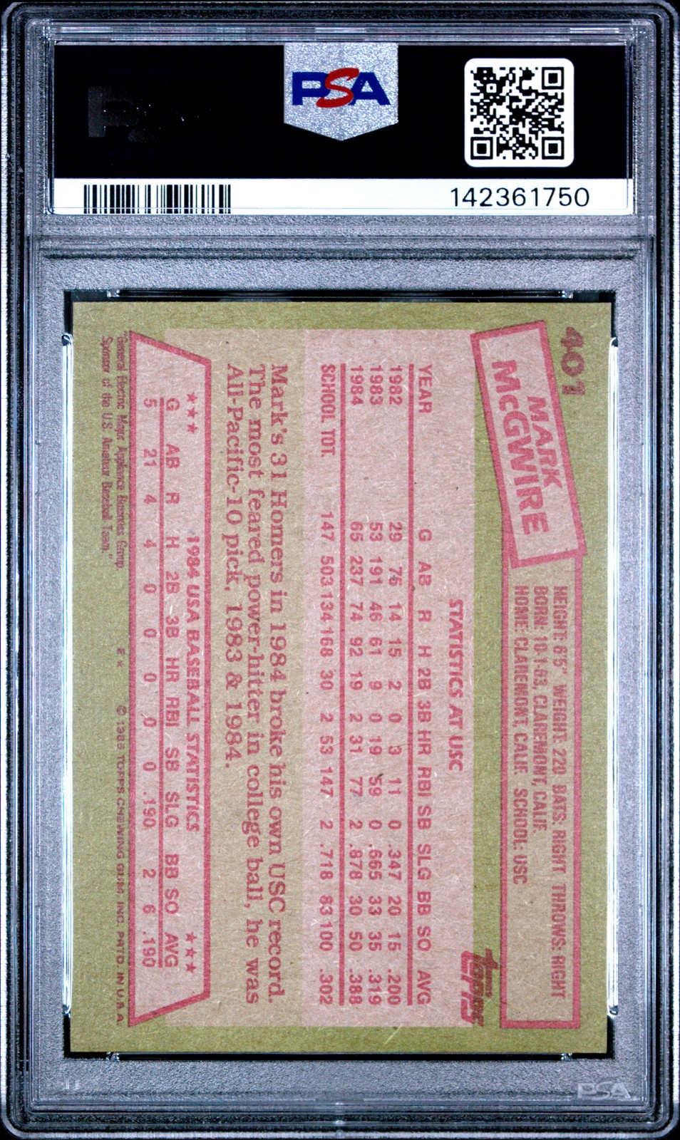1985 TOPPS 1984 USA BASEBALL TEAM #401 MARK MCGWIRE ROOKIE RC PSA 6 view 2