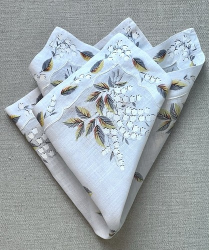 Vintage White Floral Lily of the Valley & Leaf Handkerchief /Pocket Square  15"