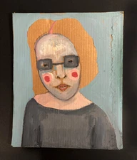 Original Naive Style Woman Portrait Painting Hand Painted Artwork Blue Green