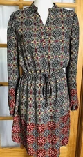 ALYA Floral Chiffon Dress Women’s Sz L Split Crewneck Gray Red Boho Cottagecore
