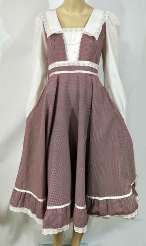 Abito Midi Vintage Gunne Sax Berry Wine Gingham Check Full Prairie Taglia 7 - Foto 2 di 10