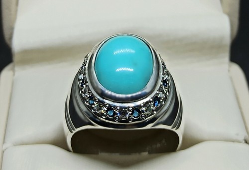 Anillo liso turquesa natural 925 hecho a mano Neshapuri Feroza plata esterlina 925 de 9 quilates - Imagen 3 de 12