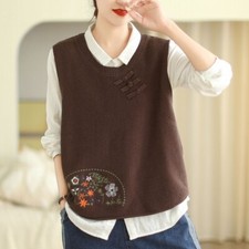 Girl Women Knit Embroidery Waistcoat Vest Round Neck Retro Sweater Tank Top