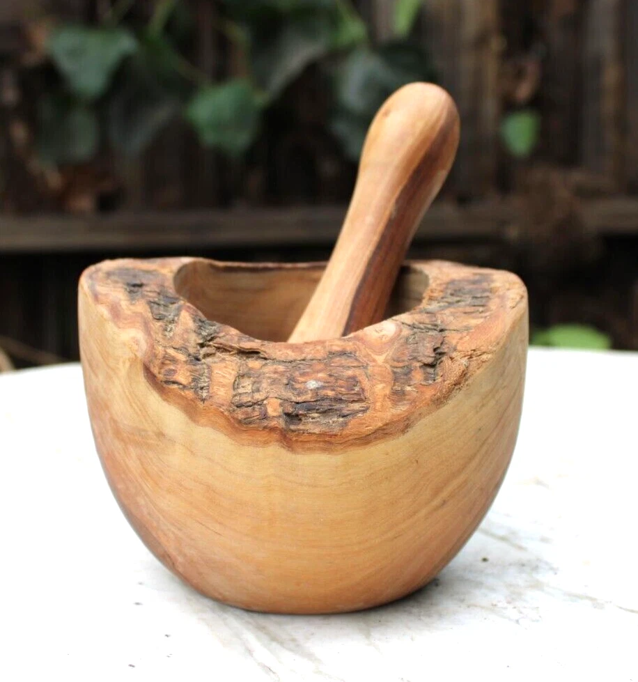 Mediterranean Olive Wood Mortar & Pestle. Rustic Style. Authentic, Handcrafted.