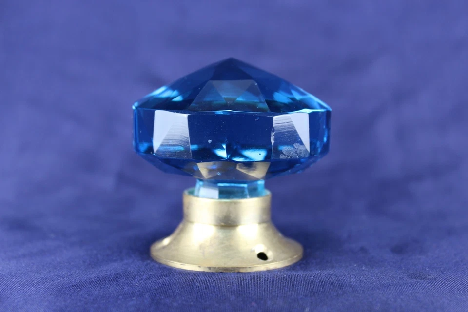 Perilla de puerta de vidrio cortado estilo vintage victoriano vidrio azul transparente manija de puerta de latón Foto 2 de 4