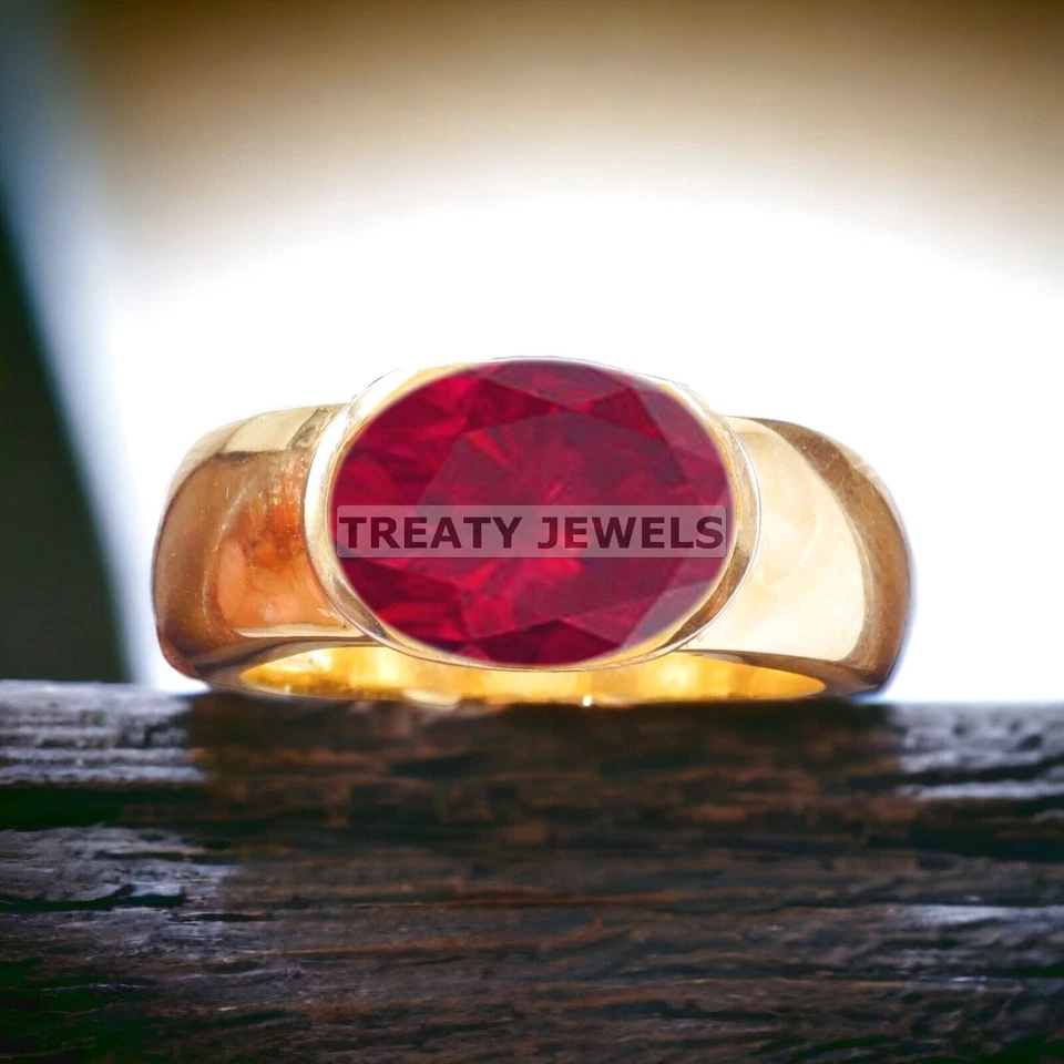 Ruby Oval Cut With 925 Sterling Silver Gold Plated Ring For Men's #A516 - Image 2 of 4