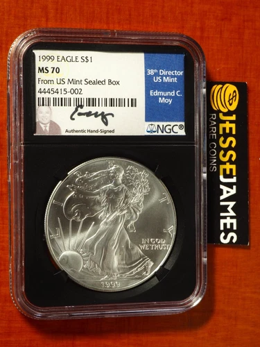 1999 $1 AMERICAN SILVER EAGLE NGC MS70 EDMUND MOY HAND SIGNED FROM SEALED BOX