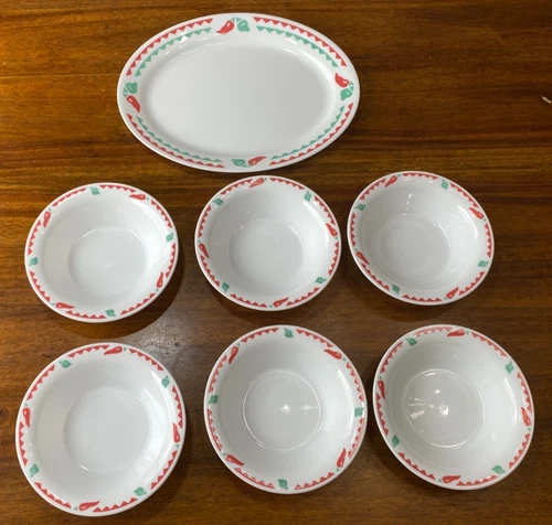 Vintage Corelle Corning Fiesta Red Hot Chili Peppers 6 Bowl & 1 Serving Platter