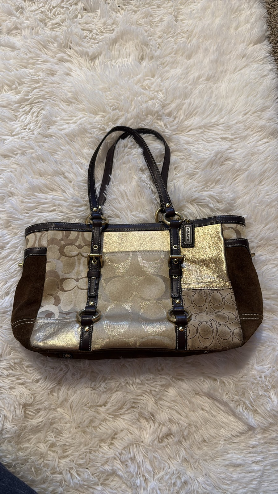 Coach Brown Gold Metallic Patchwork Signature Sue… - image 1