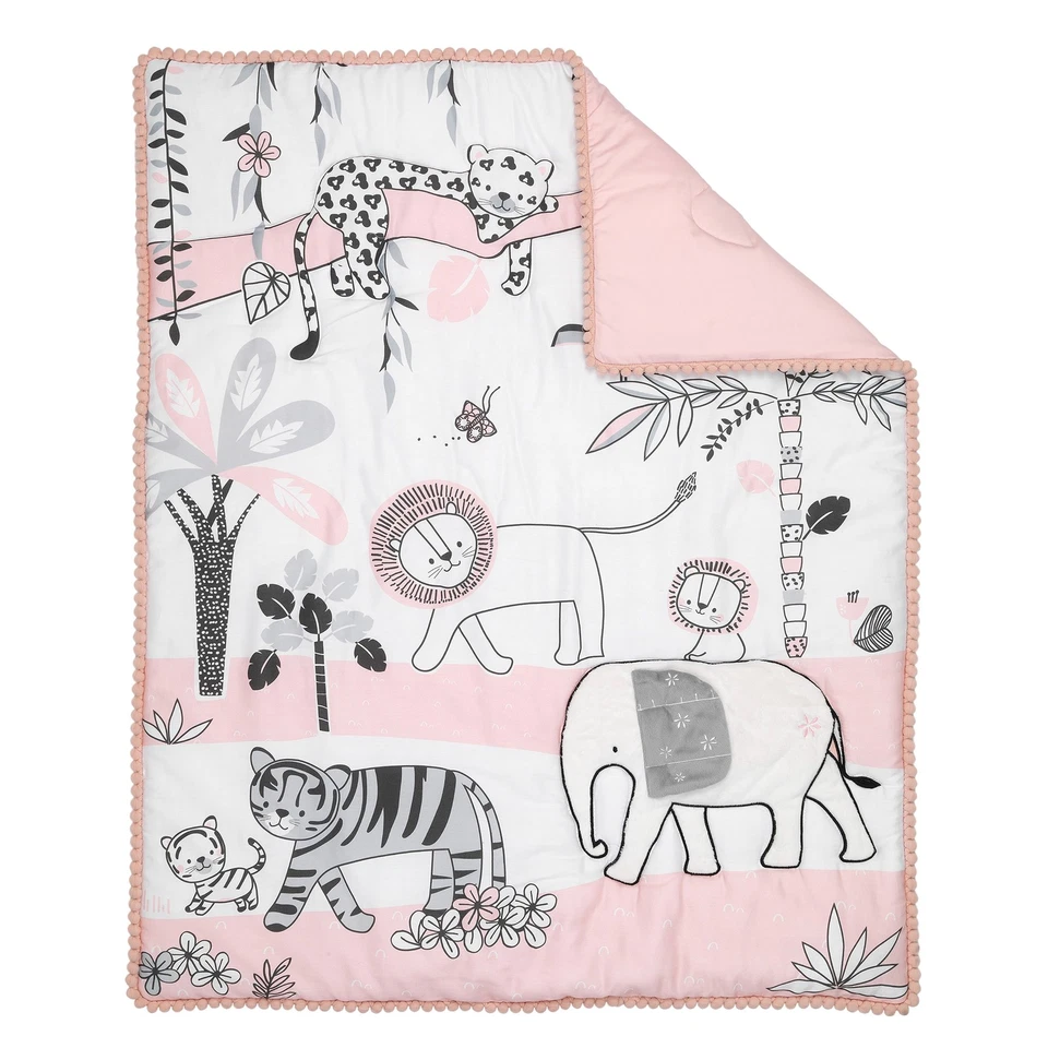 Juego de cama de cuna de 5 piezas Lambs & Ivy Happy Jungle rosa/blanco safari Foto 3 de 4