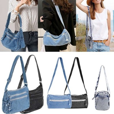 Women Men Retro Denim Handbag School Travel Denim Crossbody Shoulder Bag