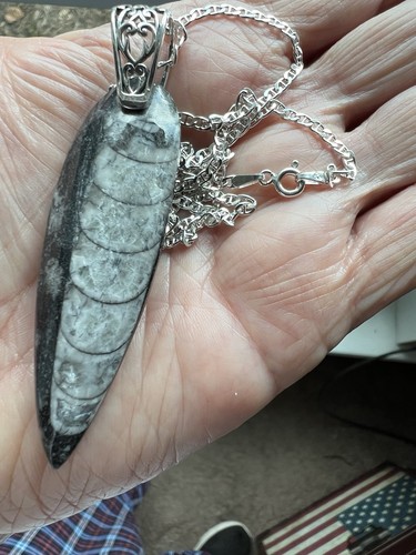 Orthoceras Stone Fossil Sterling Silver Italy Necklace  Millions Of Years Old !