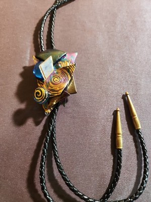 Bolo tie ,handmade geometric pendant w/ colorful, iridescent glass elements