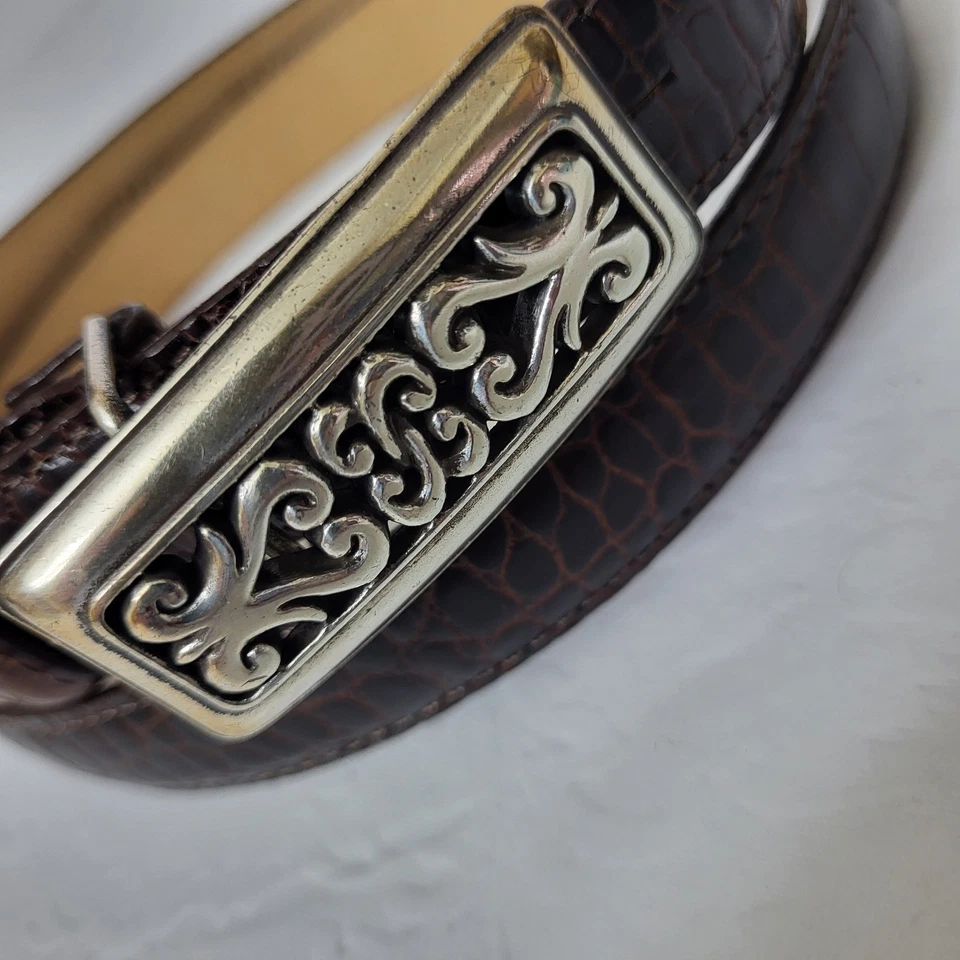 Brighton Women's Brown Crocodile Embossed Leather Belt Silver Buckle & Tip Sz L - Image 2 of 4
