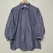 Ann Mashburn Collared Button Down Blue Stripe Puff Sleeve Boxy Blouse XL Office