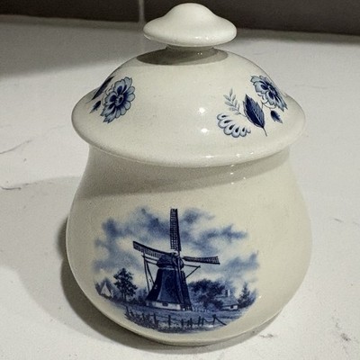 Vintage Delft Blue Jar w/ Lid, Windmill Hand Painted In Holland, Delft-Blauw EUC