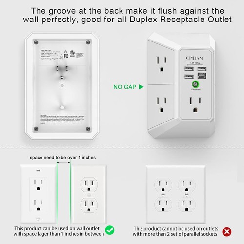 Wall Charger, Surge Protector, 5 Outlet Extender with 4 USB Charging Ports - Picture 3 of 11