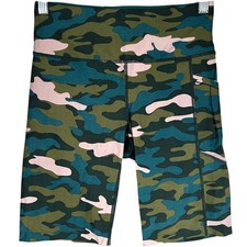 Calvin Klein Performance Womens Pink Green Camo Biker Shorts Side Pocket...