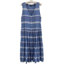 Vintage 90s Eddie Bauer Midi Dress Womens S/P Blue Plaid Cotton Cottage Grunge