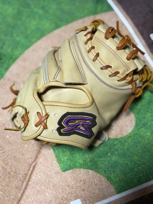 Gorilla Sports Beige Rigid Gloves with Purple Logo, Wide Pocket, Used