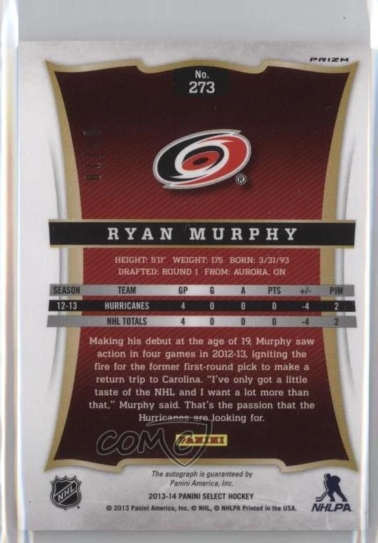 2013-14 Panini Select Silver Prizm /99 Ryan Murphy #273 Rookie Auto RC - Image 2 of 2