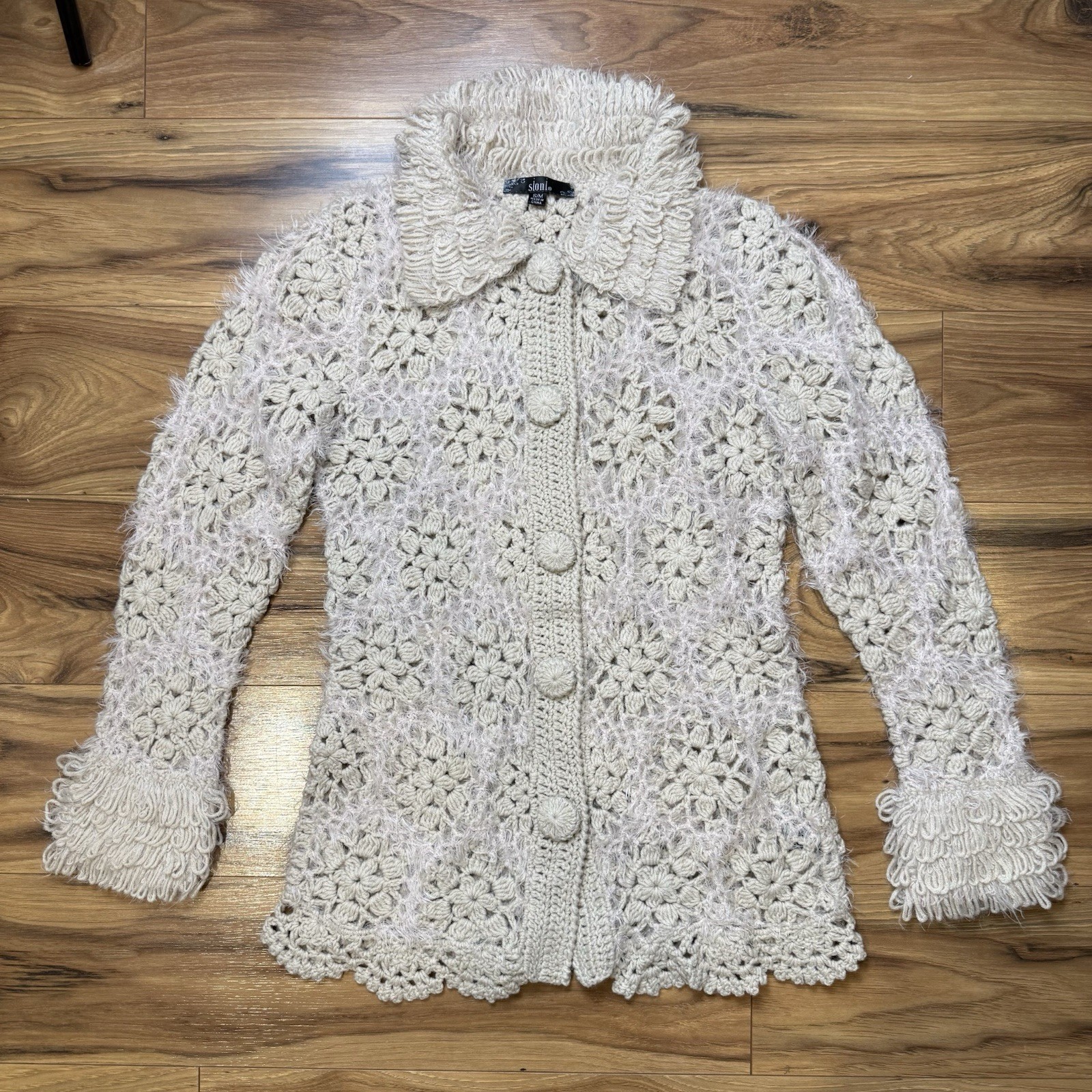 VTG y2k Sz S/M Crochet Cardigan Jacket Floral Cot… - image 1