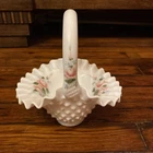 Vintage Fenton Glass Basket Hobnail White Milk Glass 7" Tall Floral Signed