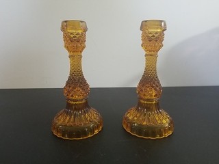 Vtg Diamond Cut English Hobnail Honey Amber Candlestick Pair 7"