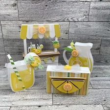 Summer Decor Lemon Lemonade Booth, Stand. Pitcher, Glass Tier Tray 4pc Set
